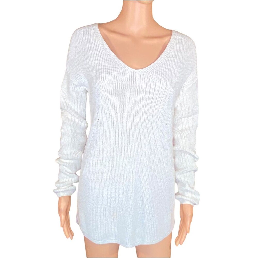 a.n.a Cable Knit Cream Sweater Ribbed Lightweight V-Neck Longer Length SZ Med